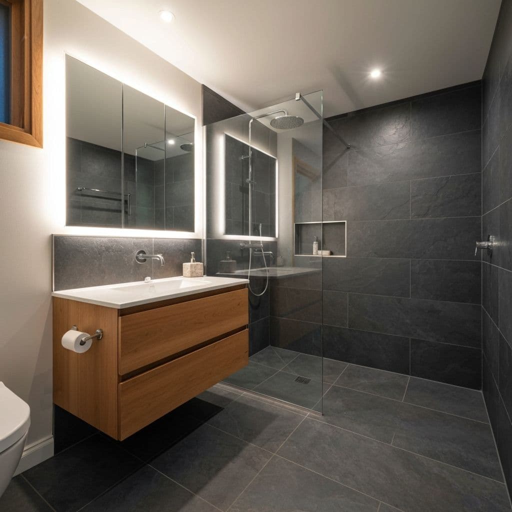 Modernes Badezimmer mit anthrazit Schieferfliesen, bodengleicher Walk-in-Regendusche und Holz-Waschtisch — saniert von Deine Baulöwen